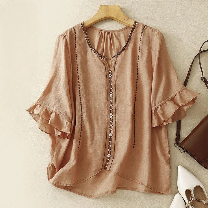 Embroidered Loose-Fit Women's Blouse – Split Neckline Ruffle Cuffs