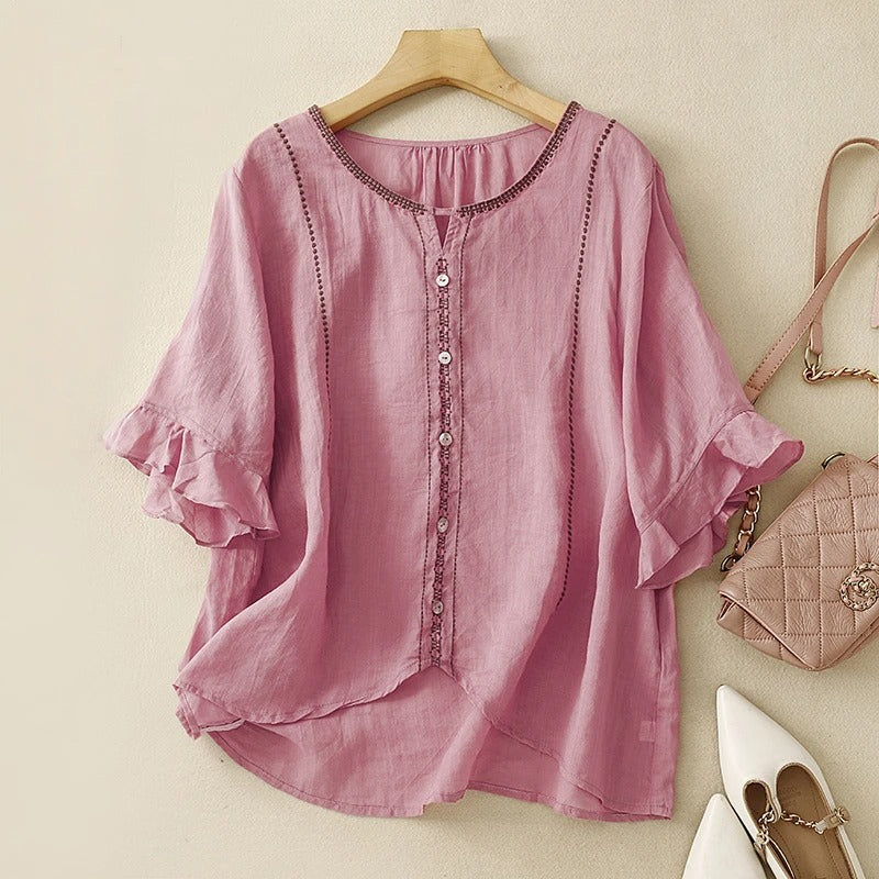 Embroidered Loose-Fit Women's Blouse – Split Neckline Ruffle Cuffs