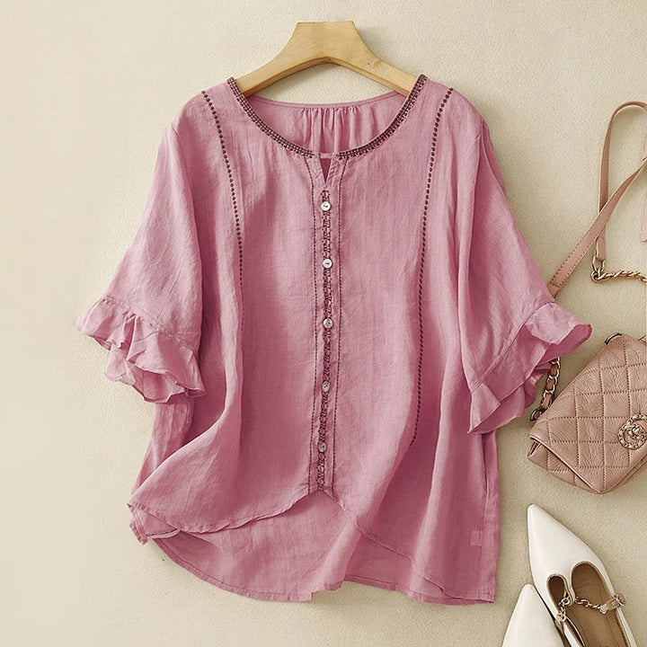 Embroidered Loose-Fit Women's Blouse – Split Neckline Ruffle Cuffs