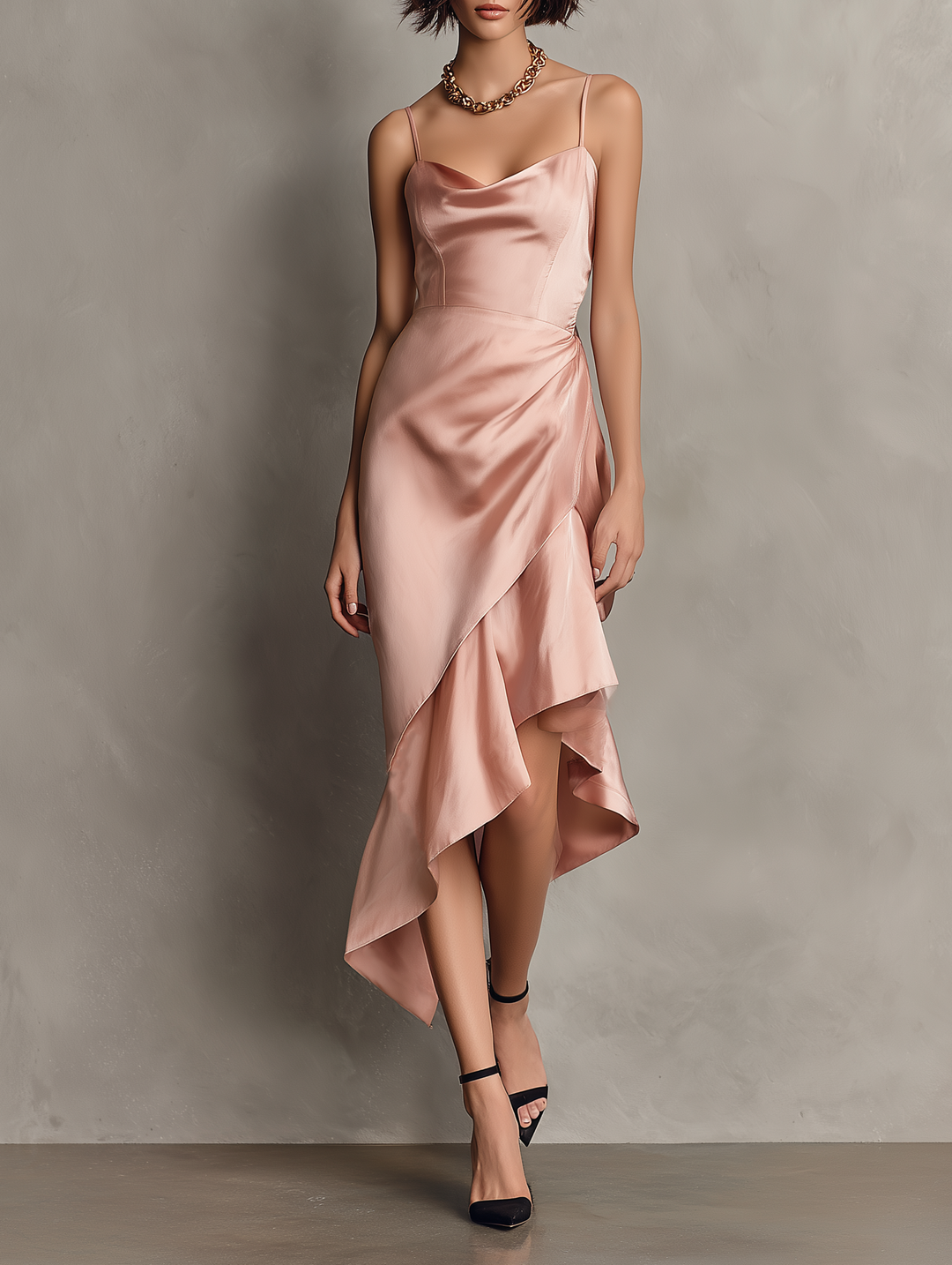 Satin Suspender Midi Dress – Back Slit Open Sides Sleek Silhouette