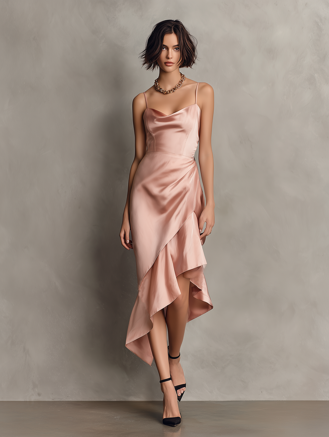 Satin Suspender Midi Dress – Back Slit Open Sides Sleek Silhouette