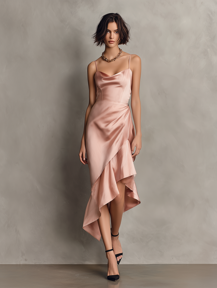 Satin Suspender Midi Dress – Back Slit Open Sides Sleek Silhouette