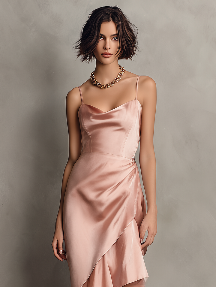 Satin Suspender Midi Dress – Back Slit Open Sides Sleek Silhouette