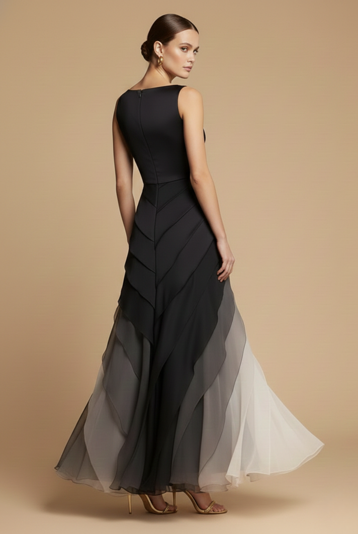 Women's Chiffon Maxi Dress Tiered Asymmetric Skirt – Boat Neckline