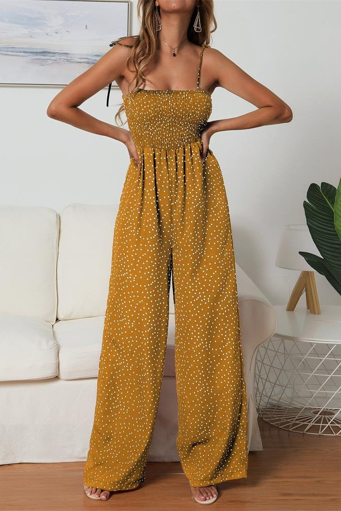 Women's Wide Leg Jumpsuit – Smocked Bodice & Spaghetti Straps