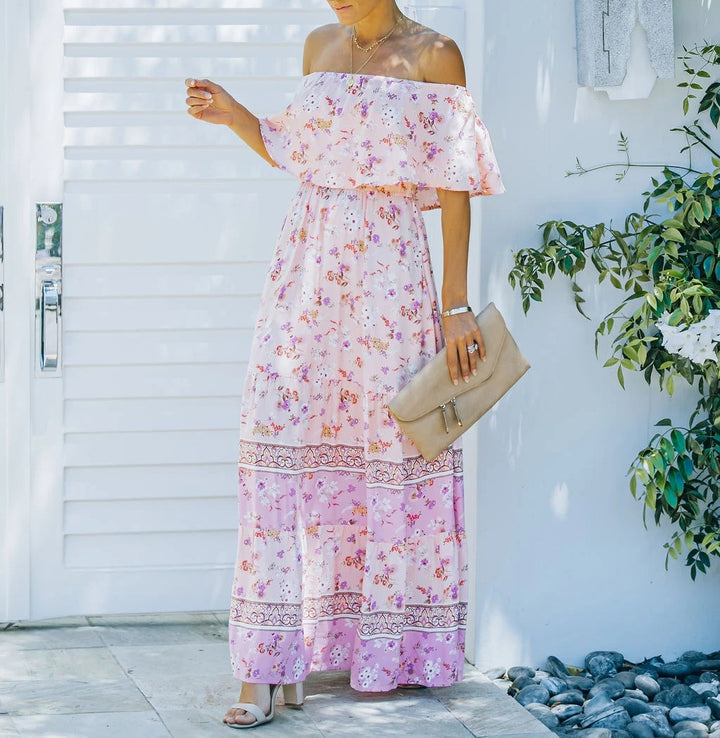 Floral Maxi Dress Off-Shoulder Belted – Boho Vacation Sweeping Hem