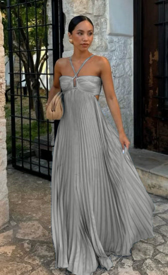 Women's Halter Backless Pleated Maxi Dress – Open Back