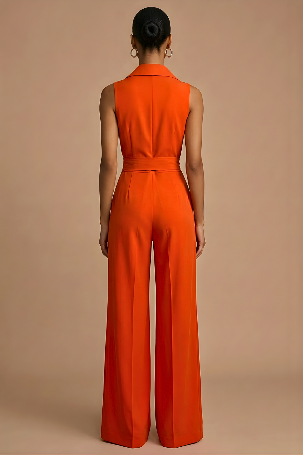 Women's Wide Leg Jumpsuit Sleeveless Collar Neck – Button Front Tie