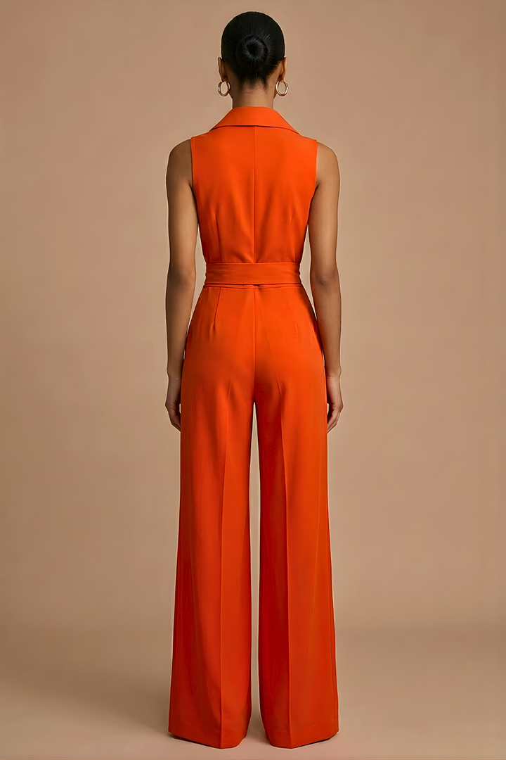 Women's Wide Leg Jumpsuit Sleeveless Collar Neck – Button Front Tie