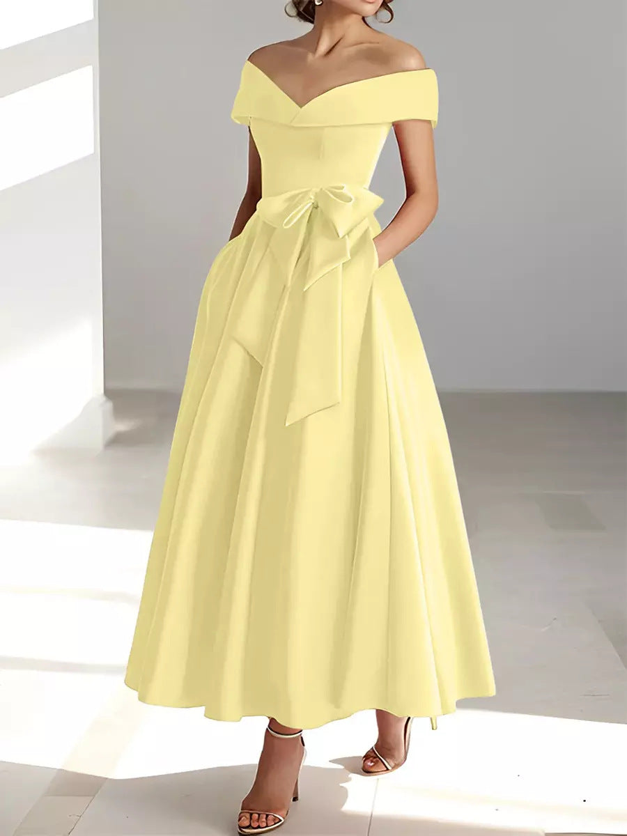 Mother of the Bride Dress Satin A-Line – Off-Shoulder Ankle Pockets