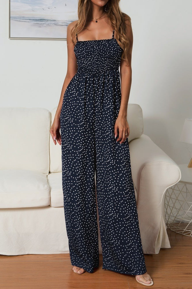 Women's Wide Leg Jumpsuit – Smocked Bodice & Spaghetti Straps