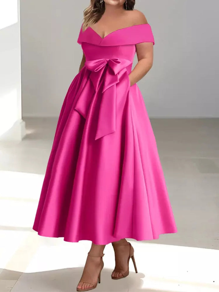 Mother of the Bride Dress Satin A-Line – Off-Shoulder Ankle Pockets