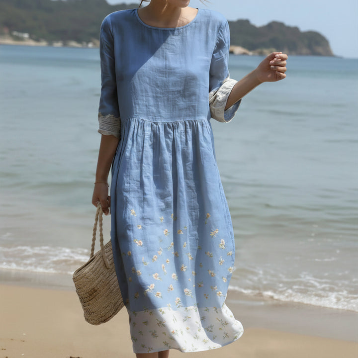 Linen Blend Midi Dress – Floral Botanical Print, Relaxed Fit for Women