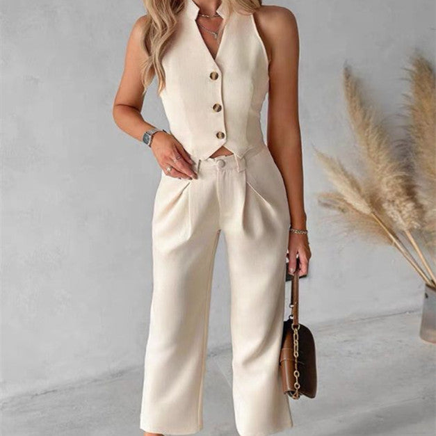 Women's Sleeveless Waistcoat Wide Leg Trouser Set – Button-Front
