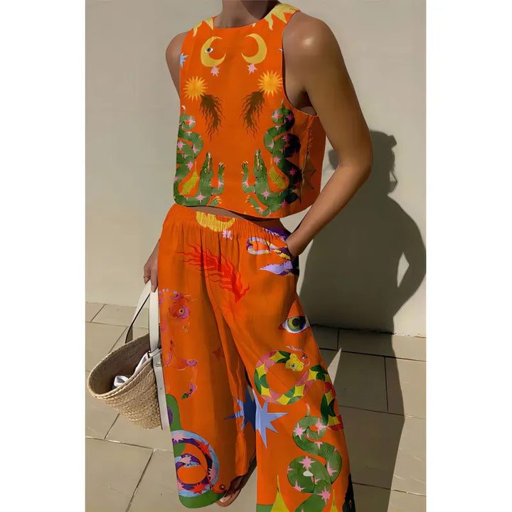 Two Piece Set Women – Cropped Top &amp; Wide Leg Pants, Elastic Waist