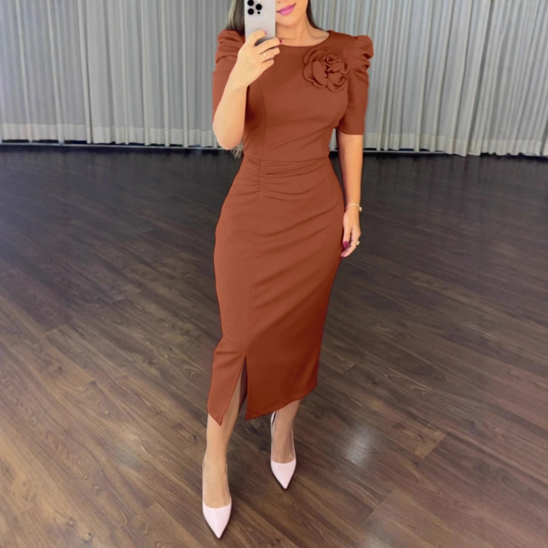 Women's Bodycon Midi Dress – Puff Sleeve Ruched Front Detail