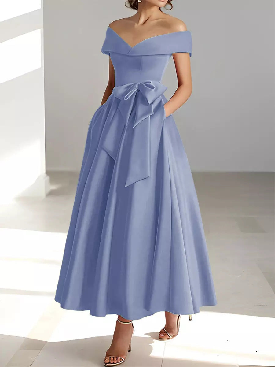 Mother of the Bride Dress Satin A-Line – Off-Shoulder Ankle Pockets