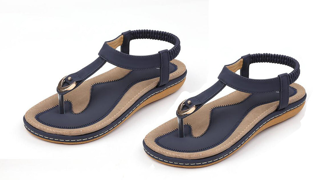 Women's Arch Support Flat Sandals Adjustable T-Strap – Massaging Footbed