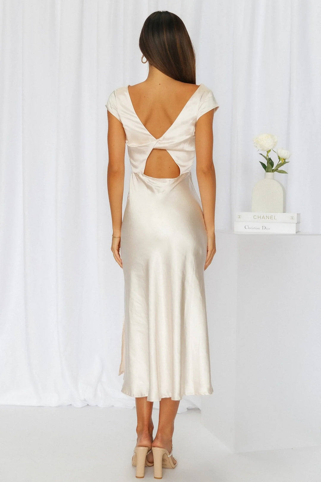 Women's Cap Sleeve Midi Dress – Boat Neck Twist-Back Cutout