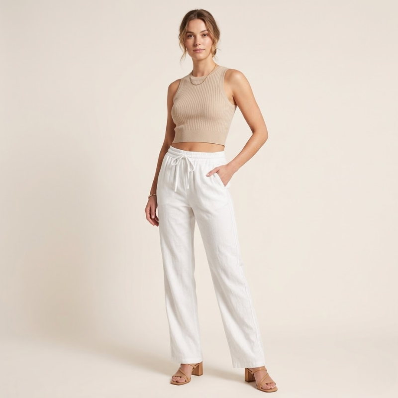 Wide Leg Linen Pants – Elastic Drawcord Waist Relaxed Fit
