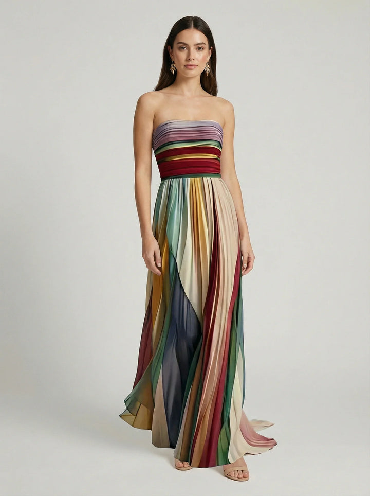 Women's Strapless Maxi Dress Bandeau Bodice – Pleated Full Length