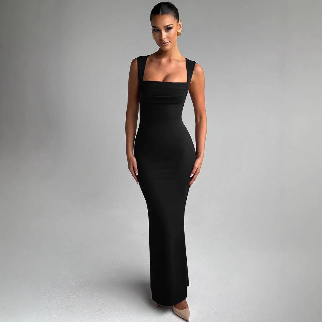 Women's Slim Fit Square Neck Sleeveless Maxi Dress – Bodycon Hip-Wrap