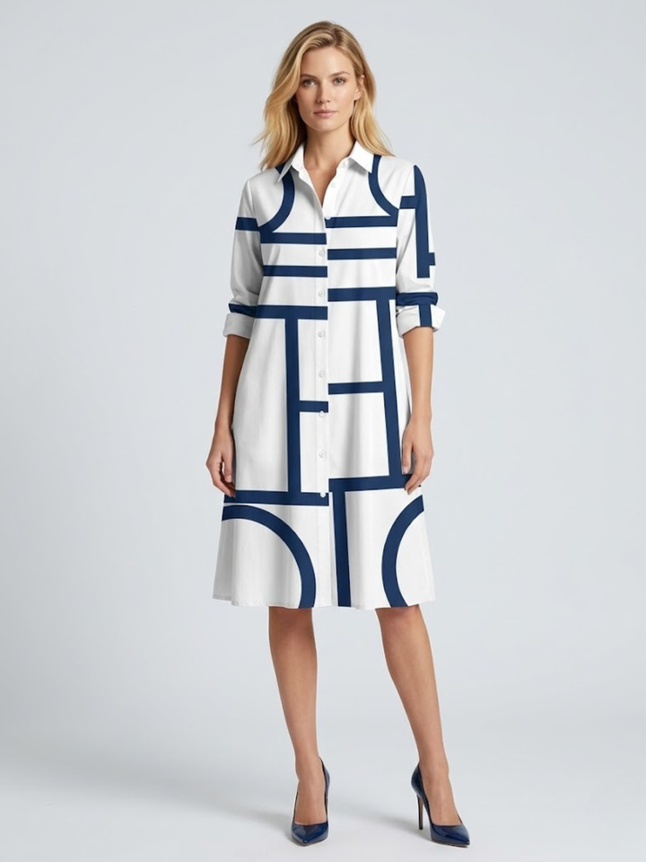Shirt Midi Dress – Geometric Print A-Line Button-Through