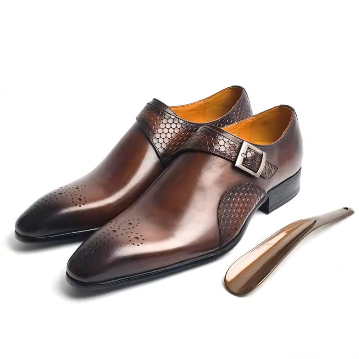 Men's Cowhide Leather Monk Strap Dress Shoe – Pointed Carved Detail