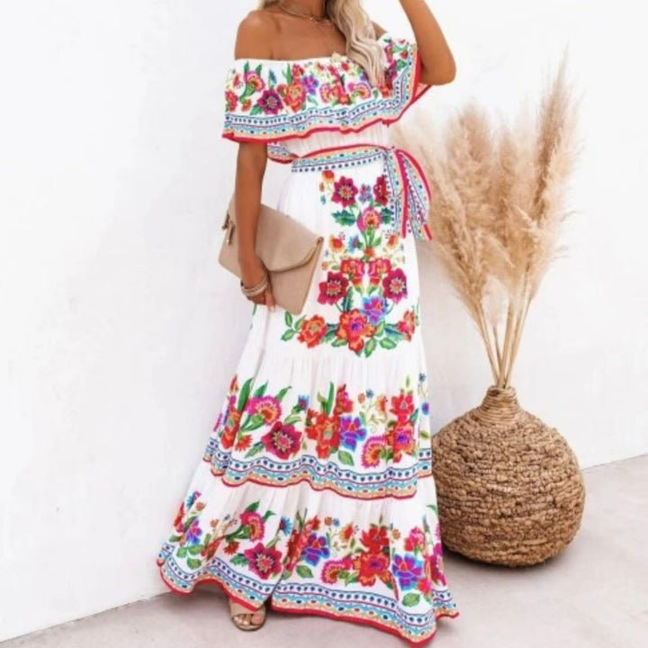Floral Maxi Dress Off-Shoulder Belted – Boho Vacation Sweeping Hem