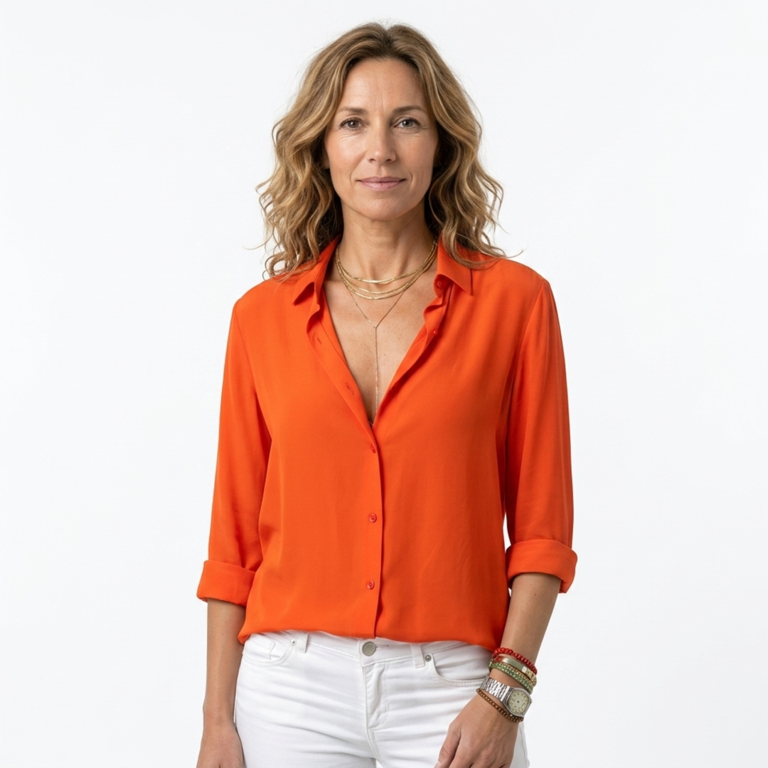 Women's Button-Front Blouse – Fluid V-Neck Long Sleeve
