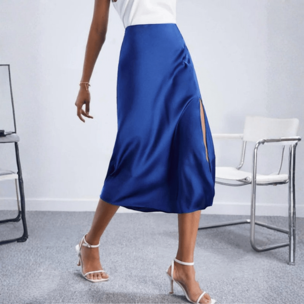 Women's Midi Skirt with Side Slit – High-Waisted Flowy Elegant
