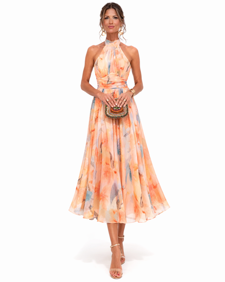 Women's Printed Halterneck Midi Dress – Flowing Occasion Style