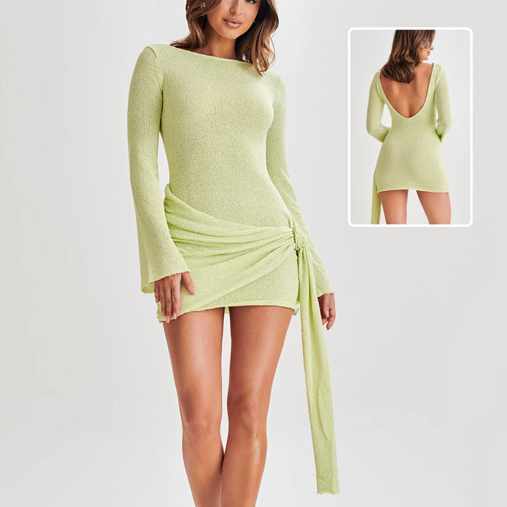Women's Backless Mini Dress Long Sleeve V-Back – Slim Hip-Hugging Fit