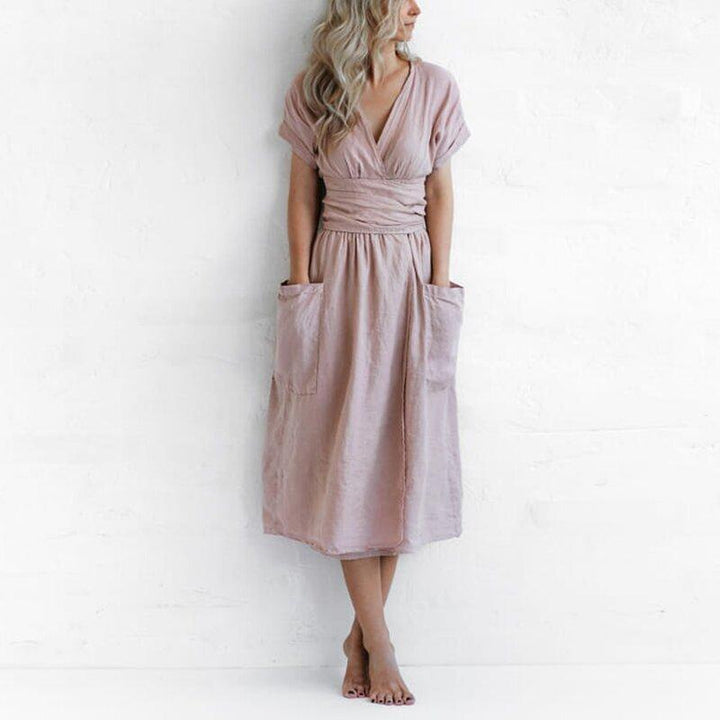 Midi Dress – V-Neck, Pleated Waist & Pockets
