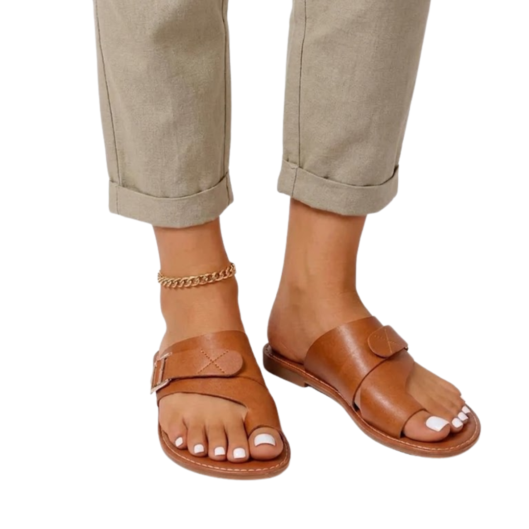 Women's Genuine Leather Flat Sandals – Adjustable Buckle Strap