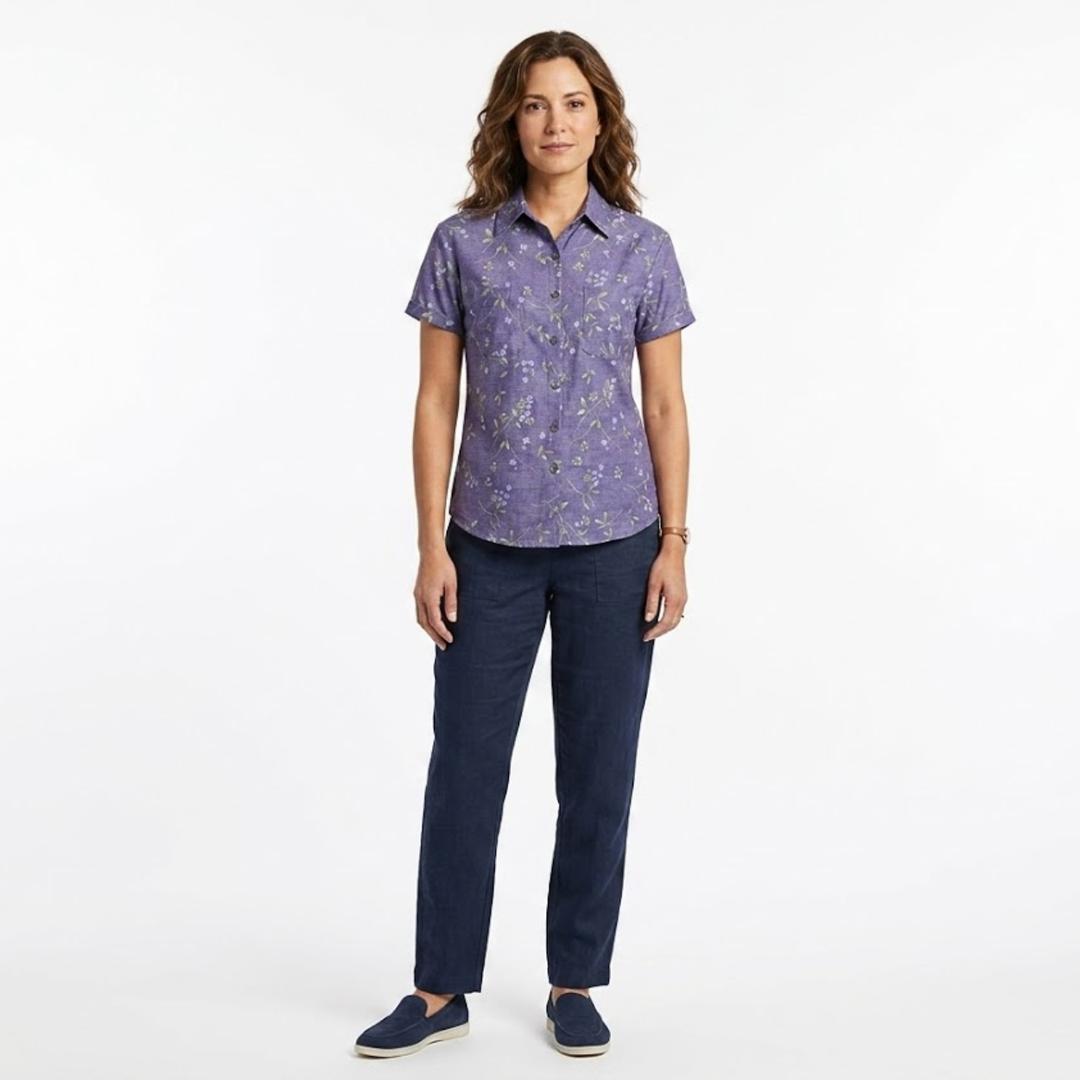 Women's Floral Blouse Short Sleeve V-Neck – Botanical Print Chest Pockets