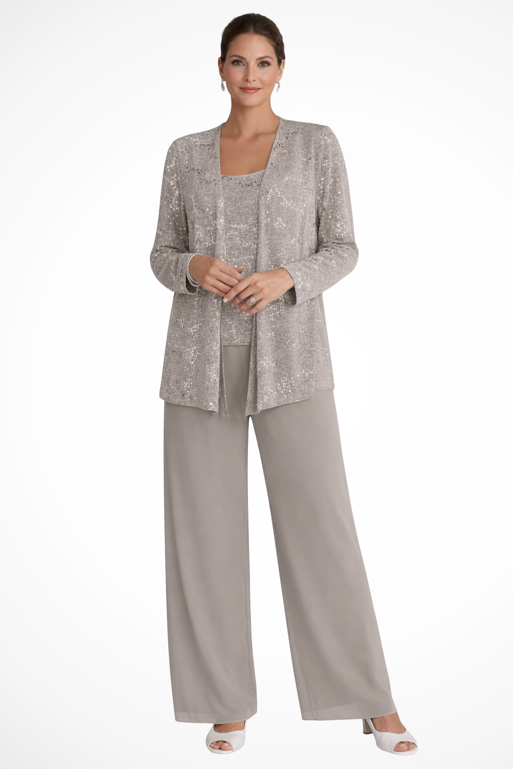 Sequin Lace Three-Piece Suit – Women's Wide Leg Trouser Set