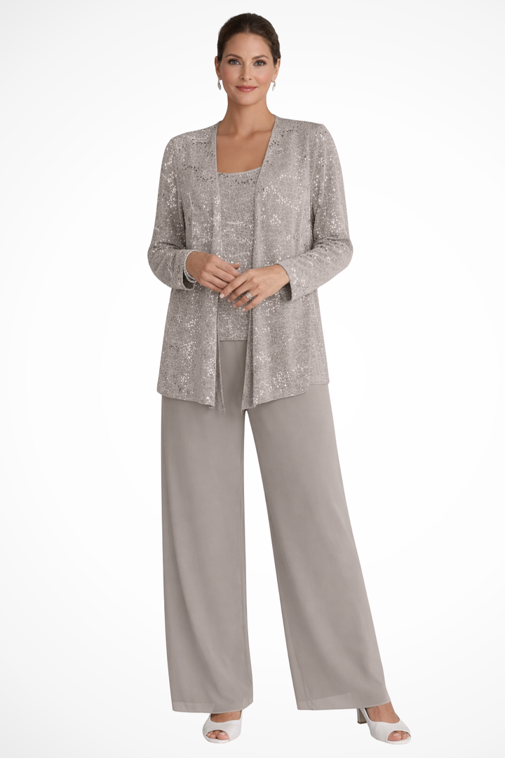 Sequin Lace Three-Piece Suit – Women's Wide Leg Trouser Set