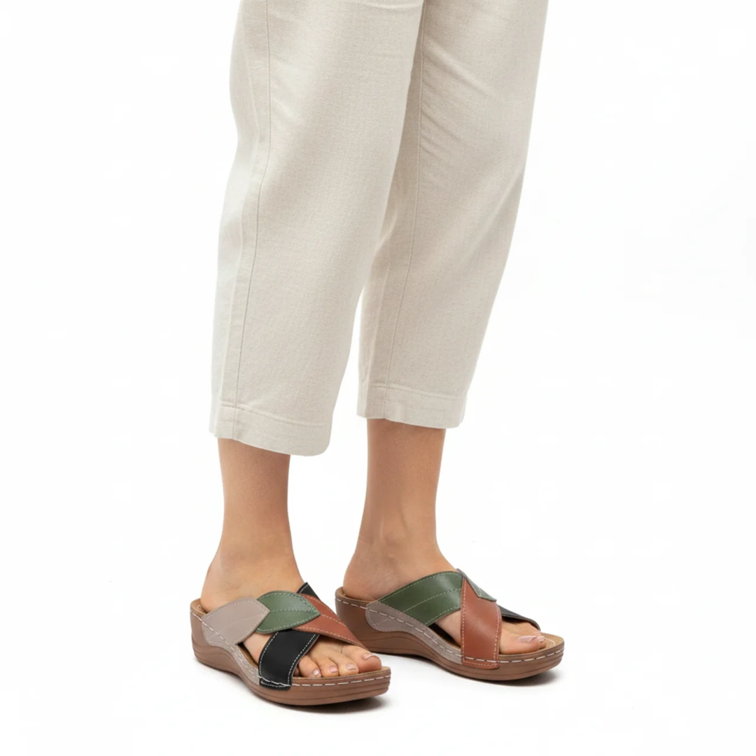 Women's Wedge Slide Sandals – Leaf Print Crossover Strap