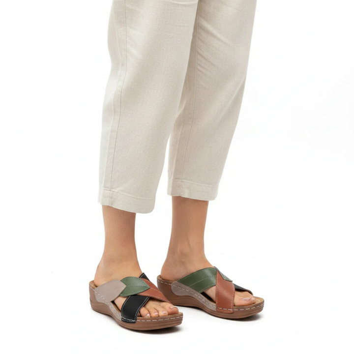 Women's Wedge Slide Sandals – Leaf Print Crossover Strap