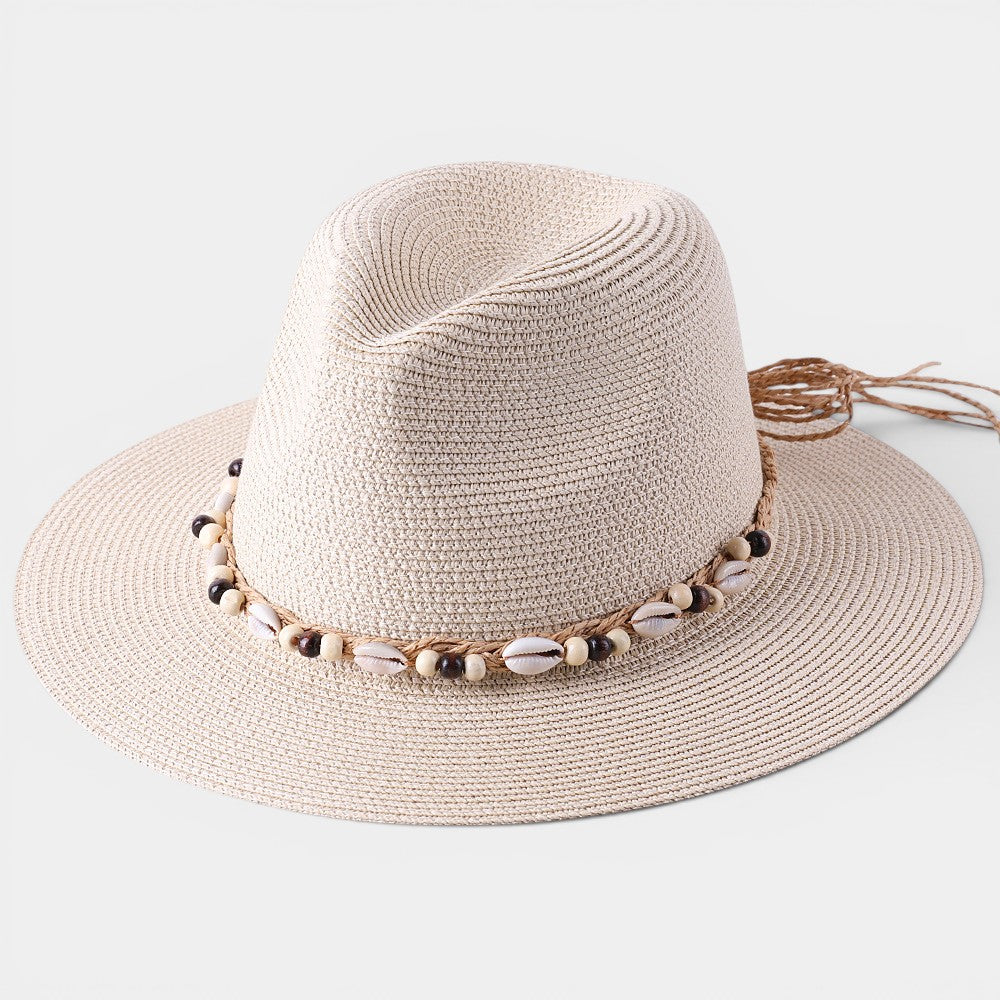 Women's Wide Brim Sun Hat – Shell & Wooden Bead Detail