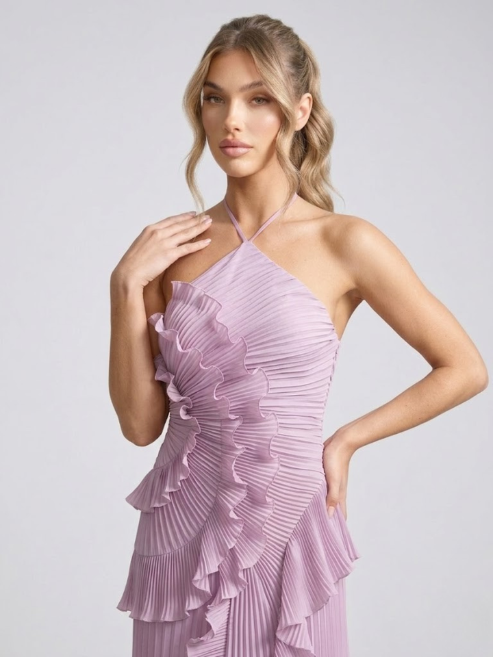 Halter Neck Midi Dress – Pleated Cascading Ruffle Detail