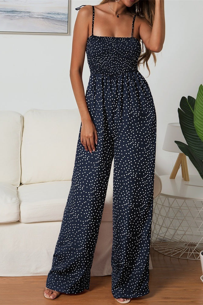 Women's Wide Leg Jumpsuit – Smocked Bodice & Spaghetti Straps