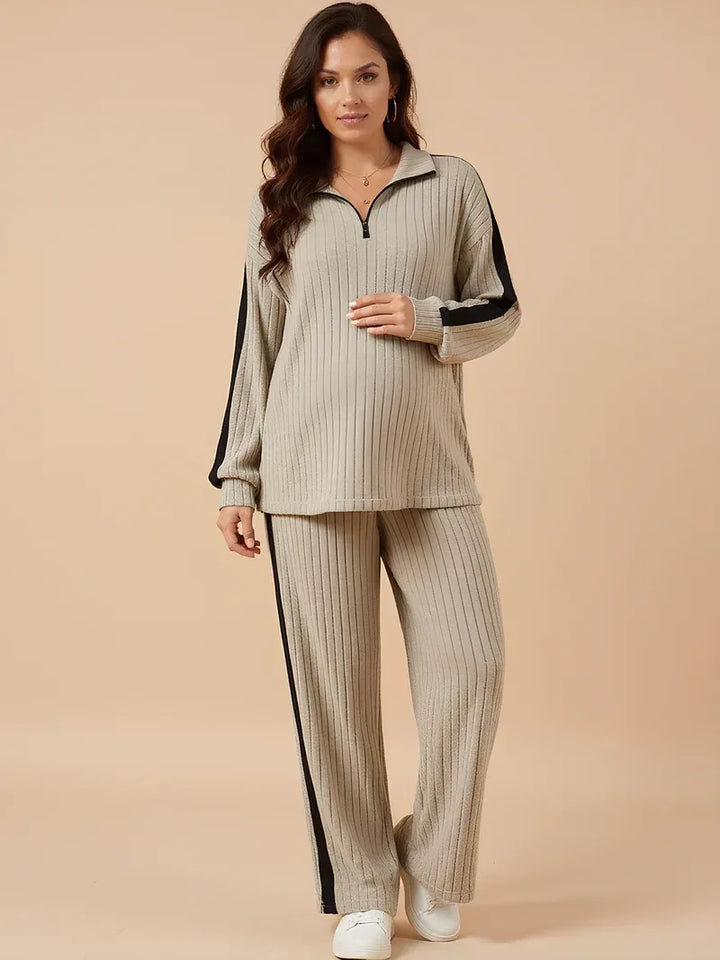 Maternity Two Piece Set – Ribbed Knit Zip Collar & Straight-Leg