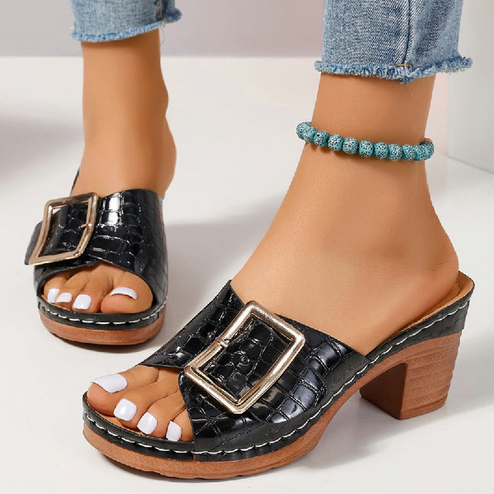 Women's Crocodile Texture Heeled Sandals – Square Chunky Heel Buckle