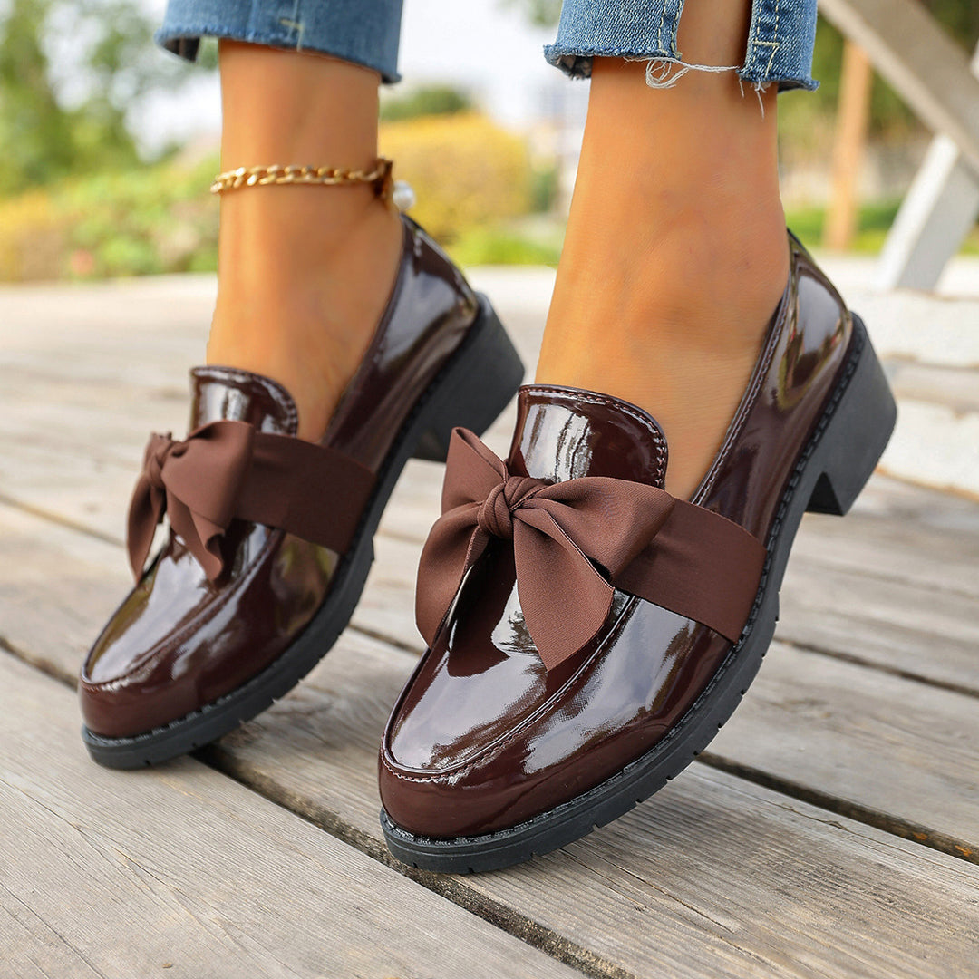 Women's Glossy Leather Bow Loafers – Moc-Toe Slip-On Platform Outsole