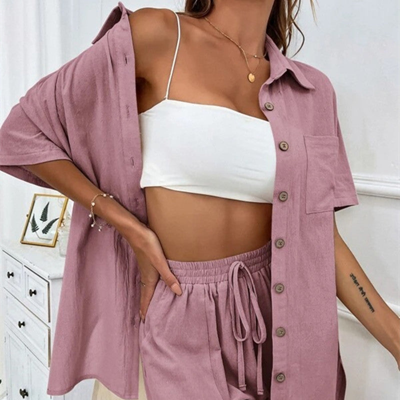 Women's Cotton Linen-Look Two-Piece Set – Button Shirt Shorts Summer