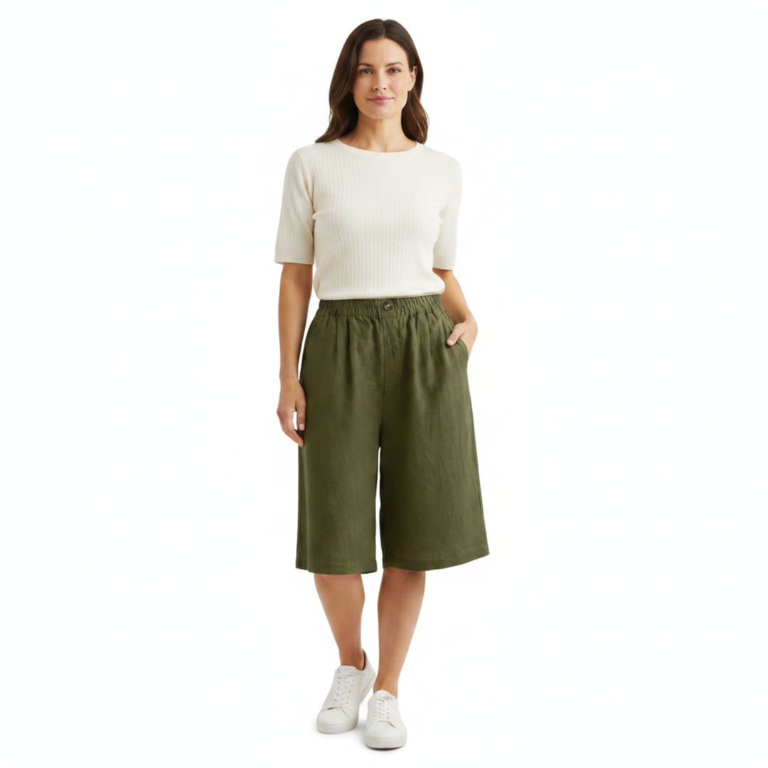 Linen Bermuda Shorts for Women – High Waist Elastic Lightweight