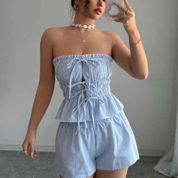 Women's Ruffle Top High-Waist Shorts Set – Breathable Summer Co-Ord
