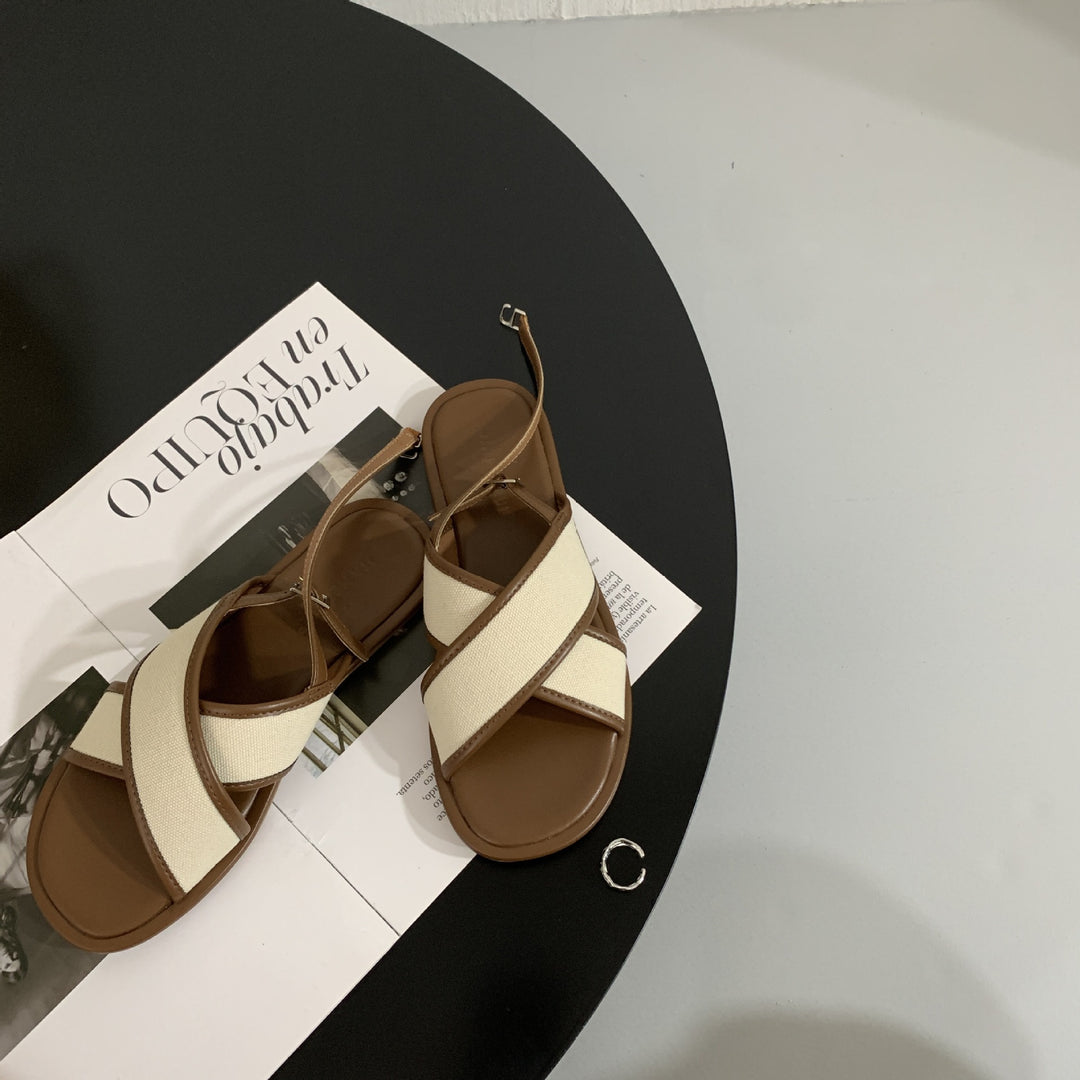 Women's Flat Sandals – Canvas & Leather Crossover Slingback